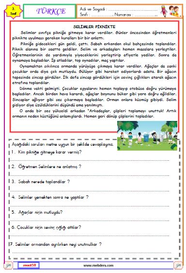 3. Sınıf Türkçe Okuma ve Anlama Metni Etkinliği ( Selimler Piknikte )